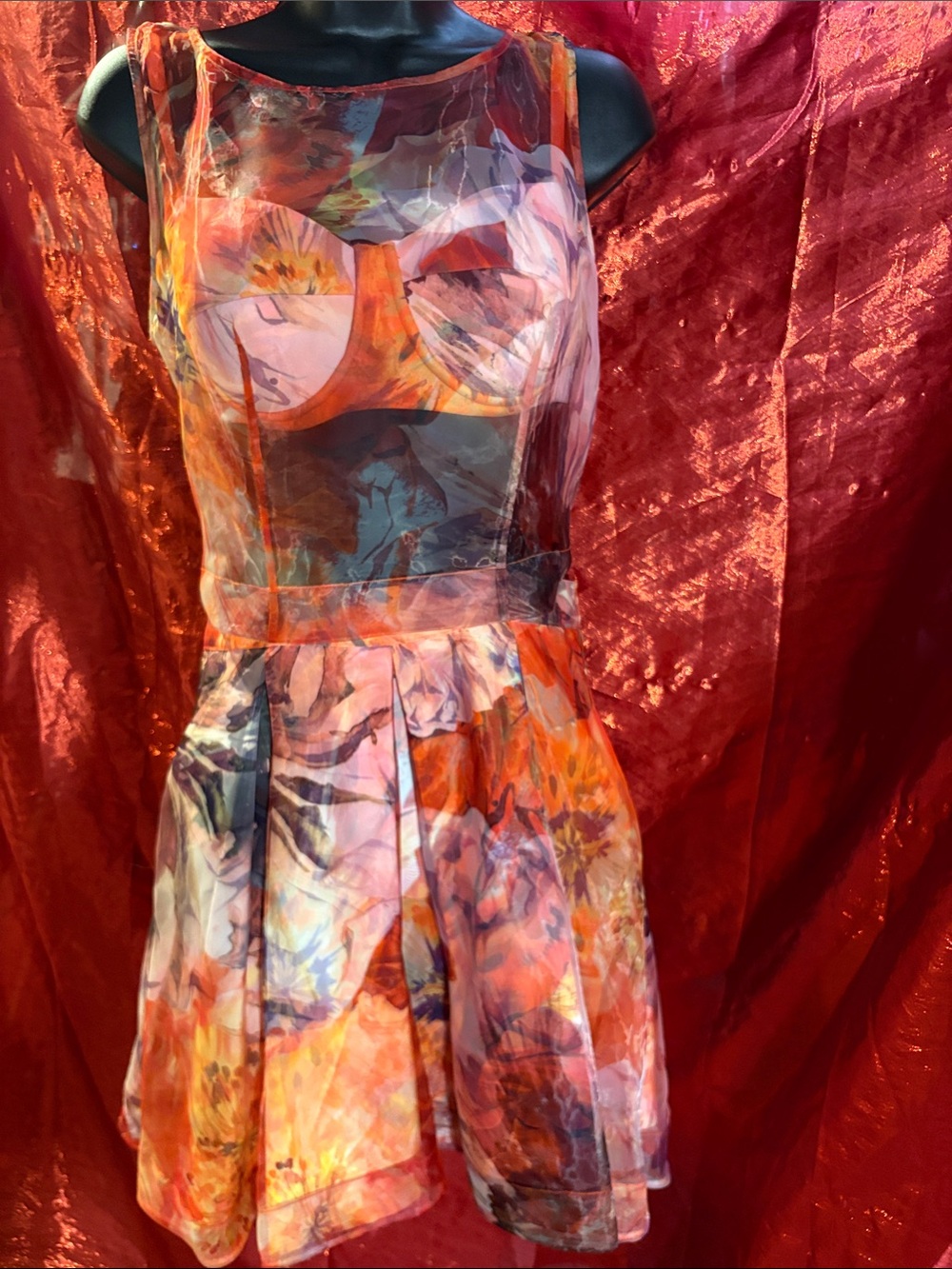 Floral Orange Sleeveless Bebe Fit-and-Flare Dress